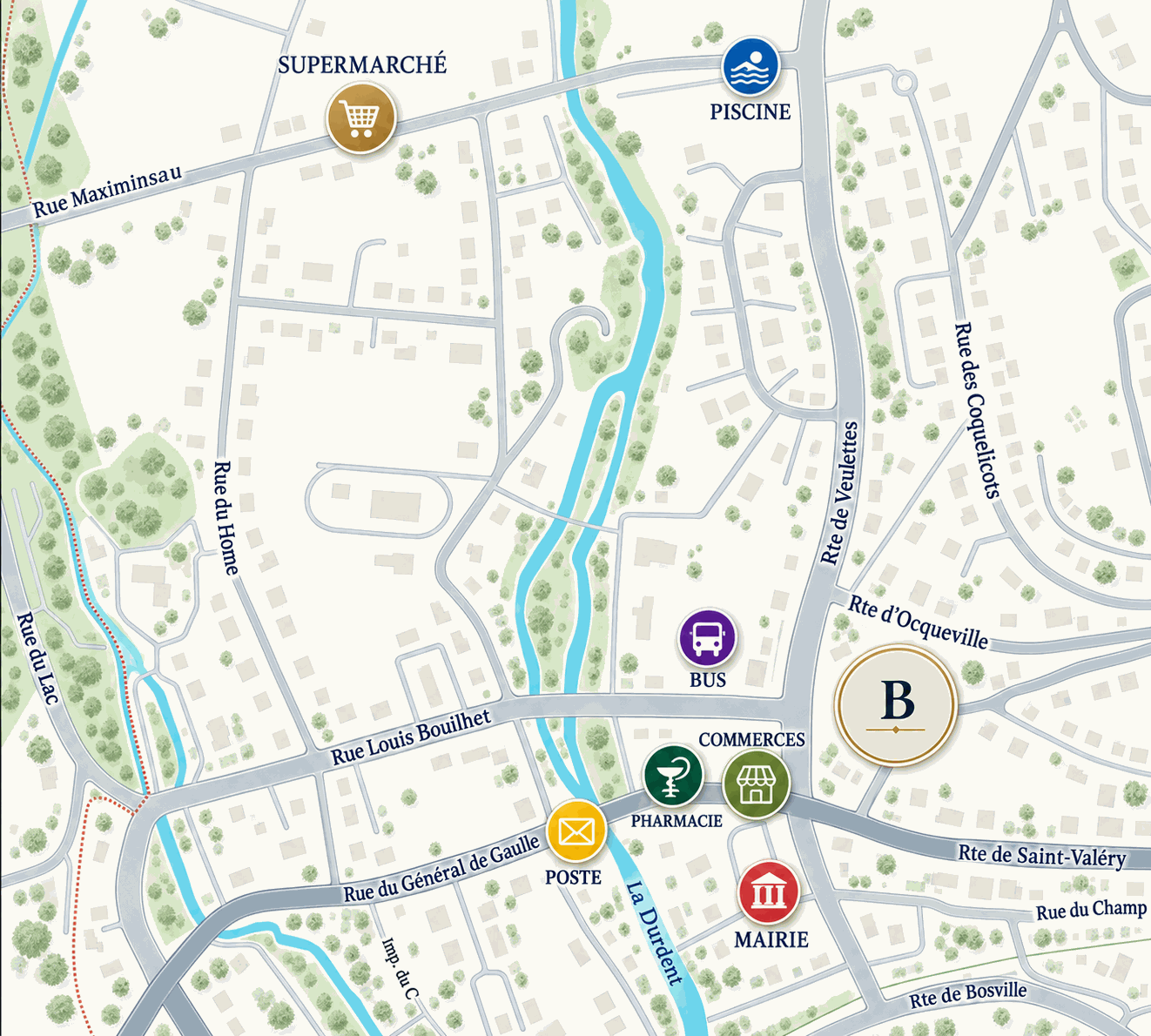 Plan de situation — la résidence Barevilla, commerces, pharmacie, poste, mairie, bus, piscine et supermarché à Cany-Barville