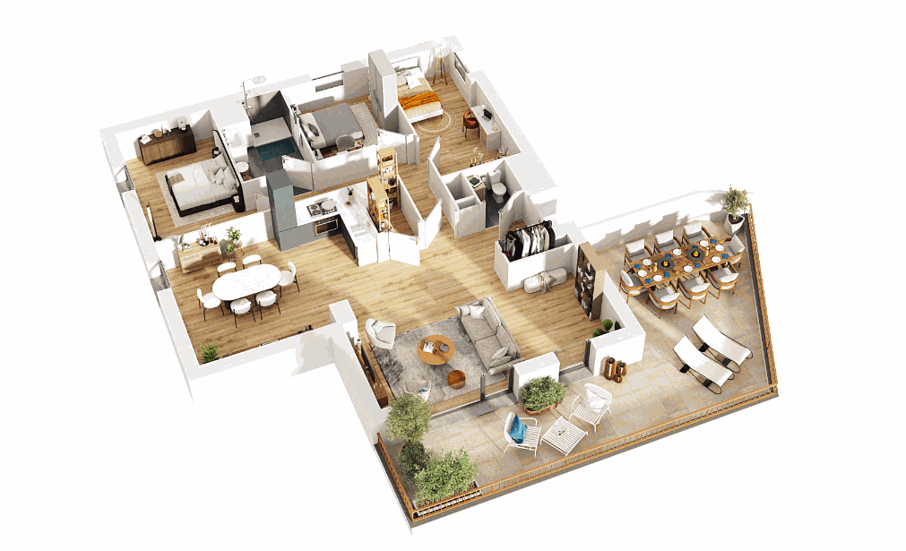 Plan 3D du T4 avec grande terrasse de 38 m²
